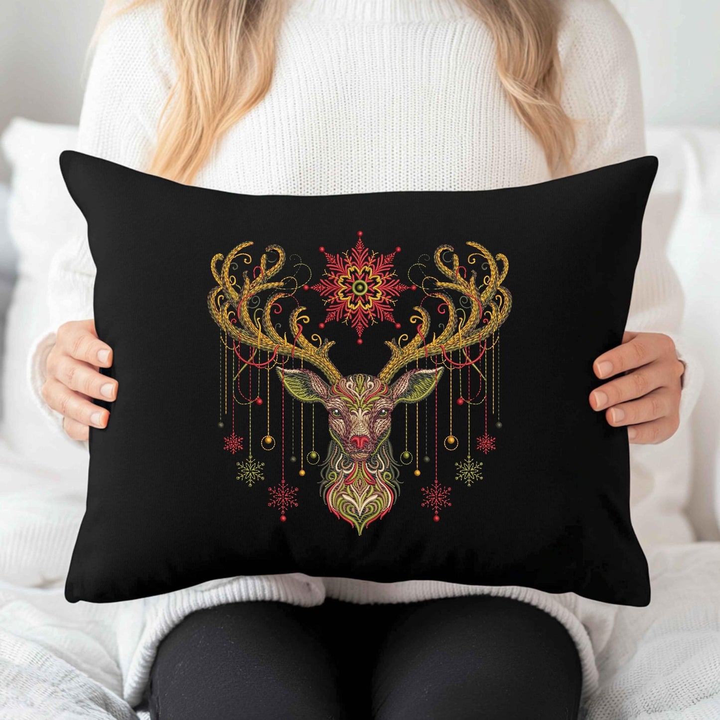 Christmas Deer Embroidery Design, Winter Reindeer Embroidery Pattern, Royal Stag Embroidery, Majestic Stag Antlers Ornamen, Deer Art Nouveau