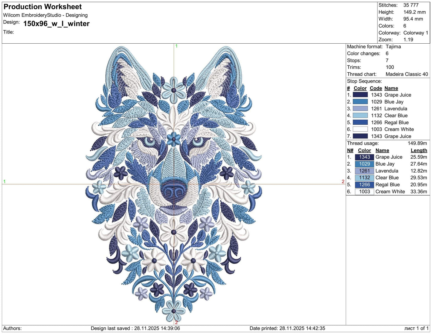 Winter Wolf Embroidery Design – Machine Embroidery Pattern PES, Floral Wolf Embroidery, Winter Embroidery, Wolf Head Wildlife Nordic Pattern