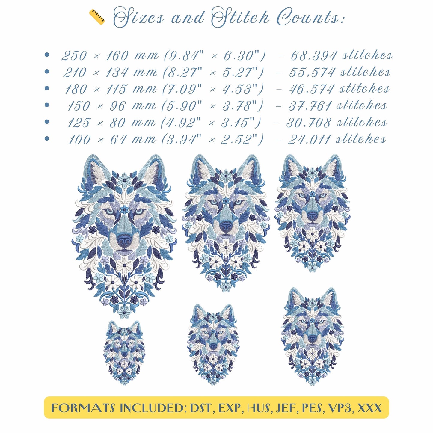 Winter Wolf Embroidery Design – Machine Embroidery Pattern PES, Floral Wolf Embroidery, Winter Embroidery, Wolf Head Wildlife Nordic Pattern