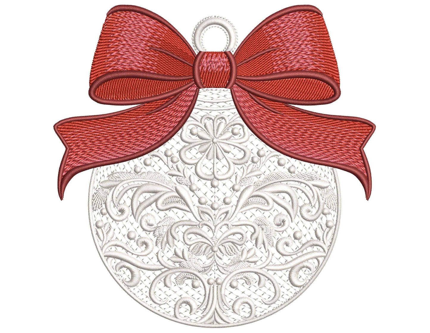White Christmas Ornament with Red Bow – Machine Embroidery Design, Filigree Holiday Bauble Machine Embroidery Pattern PES, Bow Pattern PES