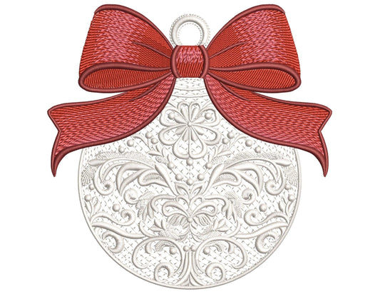 White Christmas Ornament with Red Bow – Machine Embroidery Design, Filigree Holiday Bauble Machine Embroidery Pattern PES, Bow Pattern PES