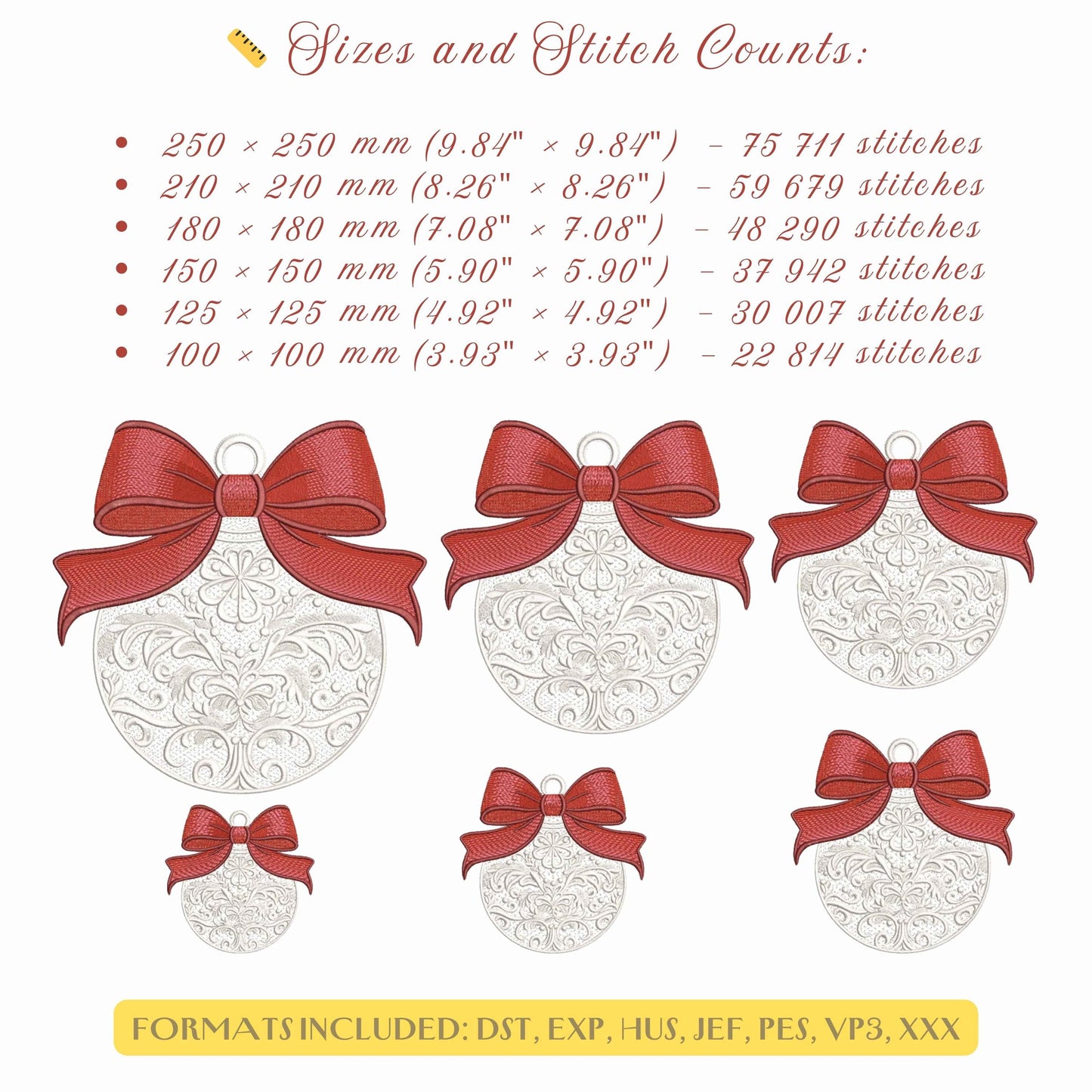 White Christmas Ornament with Red Bow – Machine Embroidery Design, Filigree Holiday Bauble Machine Embroidery Pattern PES, Bow Pattern PES