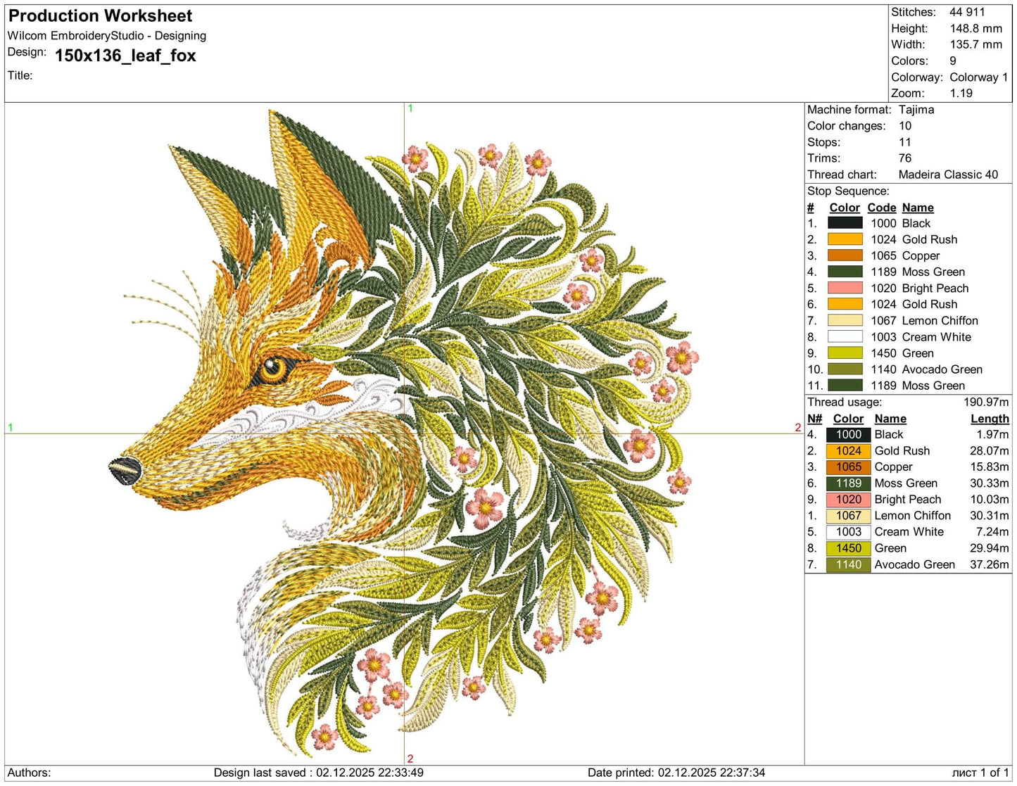 Leaf Fox Embroidery Design – Machine Embroidery Pattern PES, Forest Animal Pattern, Woodland Fox Head, Nature Embroidery File, Fox Pattern