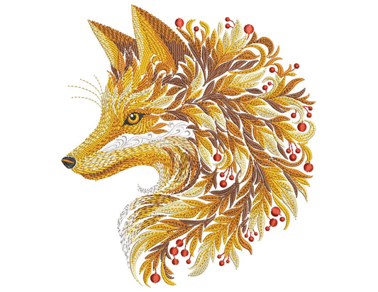 Golden Autumn Fox — Ornamental Machine Embroidery Design PES, Fall Fox Embroidery, Autumn Animal Machine Embroidery Pattern, Floral Fox PES