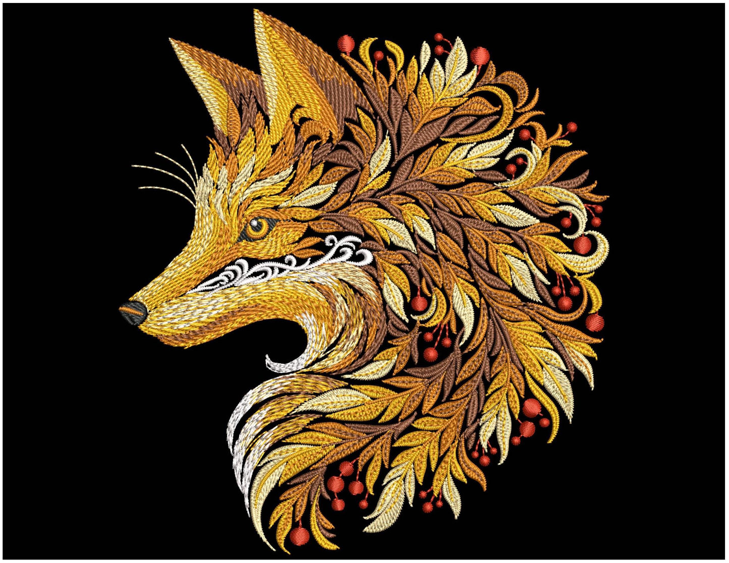 Golden Autumn Fox — Ornamental Machine Embroidery Design PES, Fall Fox Embroidery, Autumn Animal Machine Embroidery Pattern, Floral Fox PES