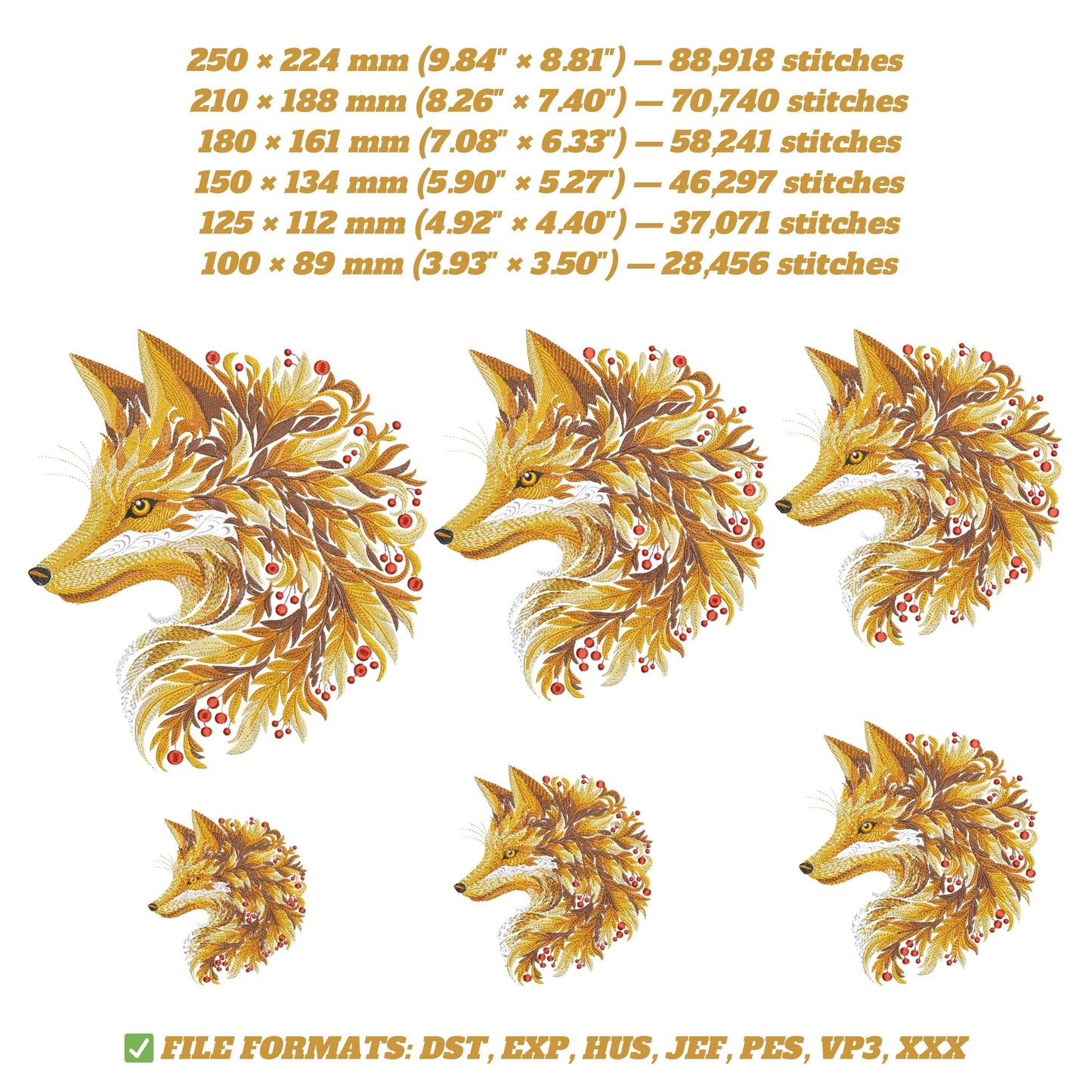 Golden Autumn Fox — Ornamental Machine Embroidery Design PES, Fall Fox Embroidery, Autumn Animal Machine Embroidery Pattern, Floral Fox PES