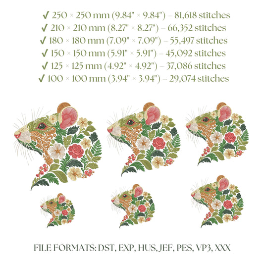 Floral Rat Machine Embroidery Design, Nature Inspired Elegant Animal Pattern, Botanical Rat Embroidery Pattern PES DST, Rat 4x4 hoop PES vp3
