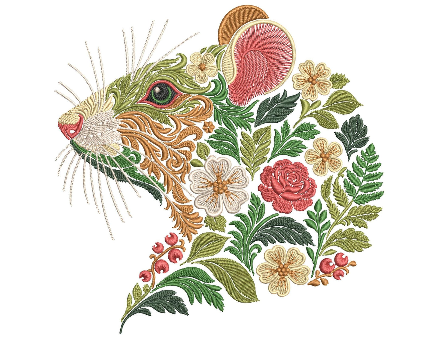 Floral Rat Machine Embroidery Design, Botanical Animal Pattern (PES DST)
