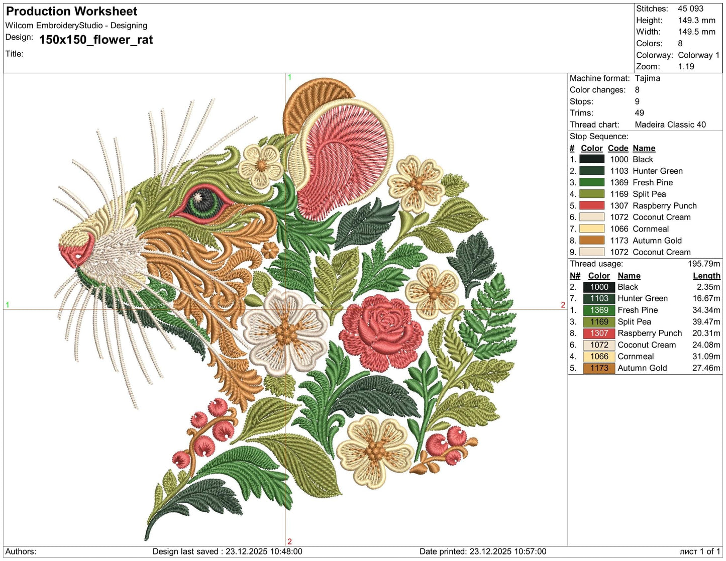 Floral Rat Machine Embroidery Design, Botanical Animal Pattern (PES DST)