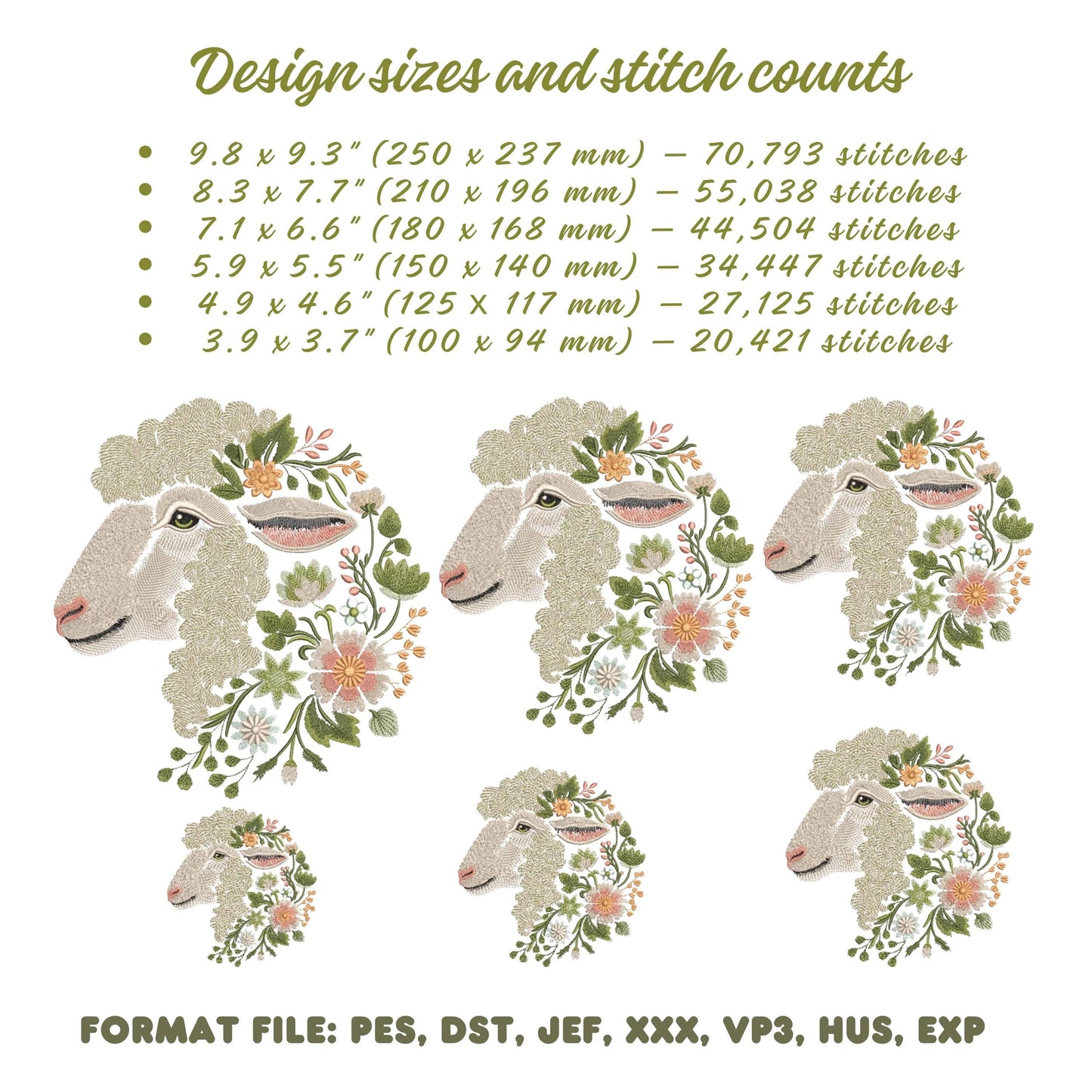 Floral Sheep Machine Embroidery Design PES, Spring Lamb Embroidery File, Farm Animal Wall Art, Sheep Head Pattern,Boho Floral Embroidery PES