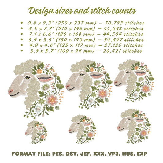 Floral Sheep Machine Embroidery Design PES, Spring Lamb Embroidery File, Farm Animal Wall Art, Sheep Head Pattern,Boho Floral Embroidery PES