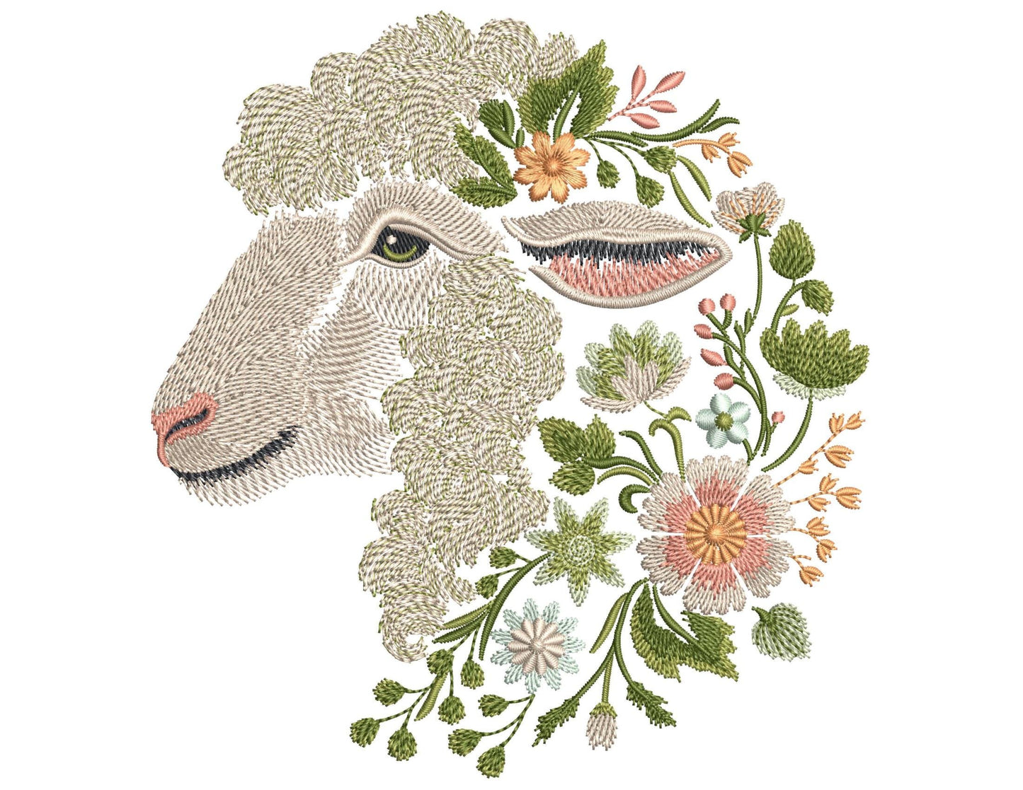 Floral Sheep Machine Embroidery Design PES, Spring Lamb Embroidery File, Farm Animal Wall Art, Sheep Head Pattern,Boho Floral Embroidery PES