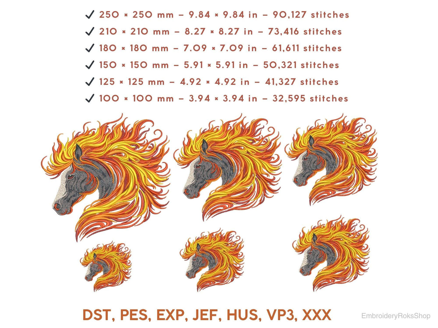 Horse Head Machine Embroidery Design – Flame Mane Stallion Embroidery Pattern, Fire Horse Embroidery PES, DST, JEF, Western Embroidery