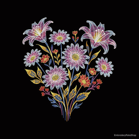 Floral Heart Embroidery Design, Valentine Machine Embroidery, Romantic Flower Heart for Love, Wedding & Gifts, Neon Flower Heart PES DST JEF