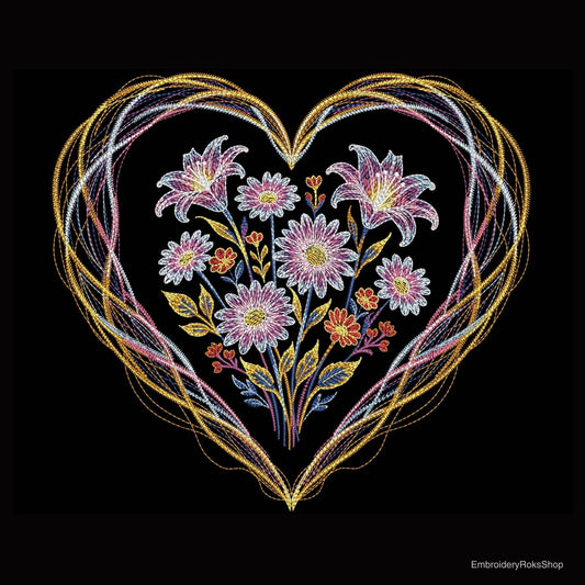 Valentine Neon Floral Heart Embroidery Design, Neon Floral Heart with Frame PES, Flower Heart with Frame Embroidery, Valentine's Embroidery