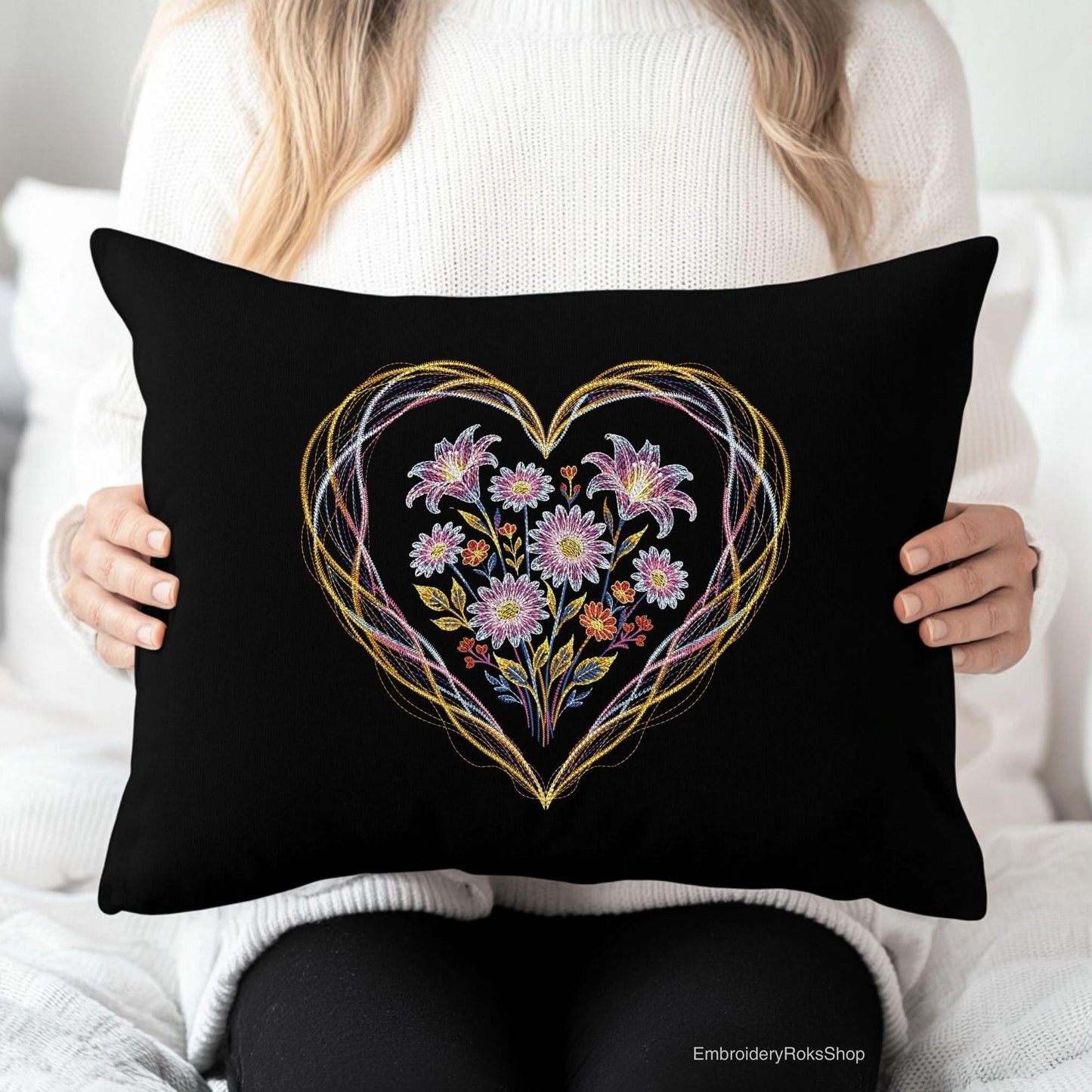 Valentine Neon Floral Heart Embroidery Design, Neon Floral Heart with Frame PES, Flower Heart with Frame Embroidery, Valentine's Embroidery