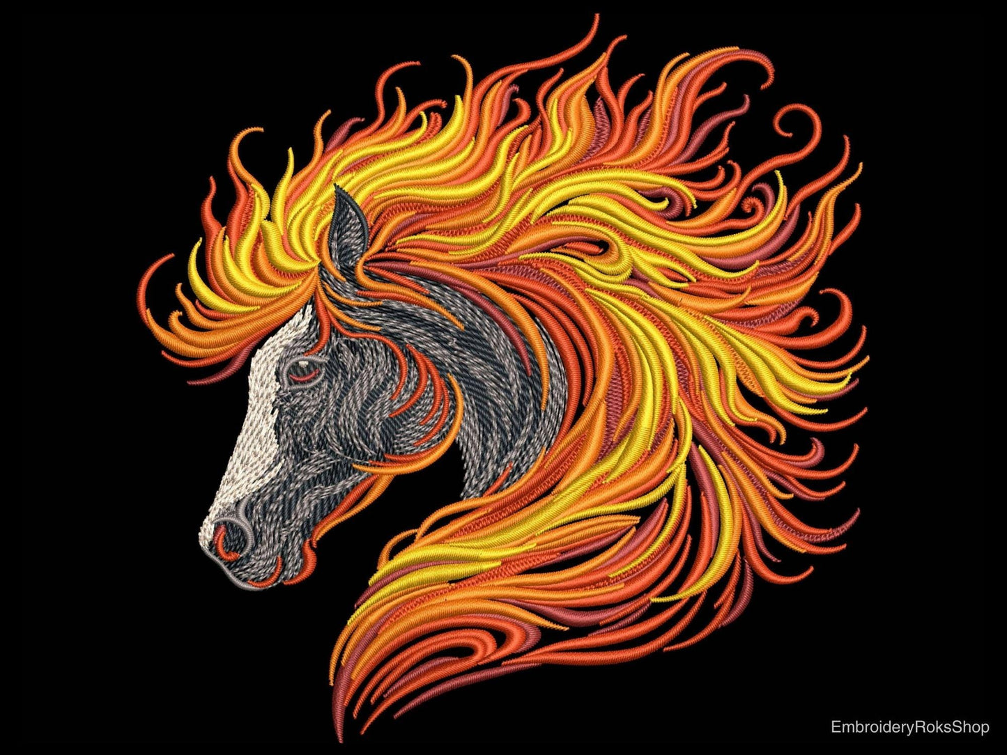 Horse Head Machine Embroidery Design – Flame Mane Stallion Embroidery Pattern, Fire Horse Embroidery PES, DST, JEF, Western Embroidery