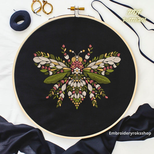 Botanical Bee Hand Embroidery Pattern, Floral Insect Design, Nature Inspired Stitching, Modern Folk Embroidery Art, Hoop Art Bee Pattern PDF