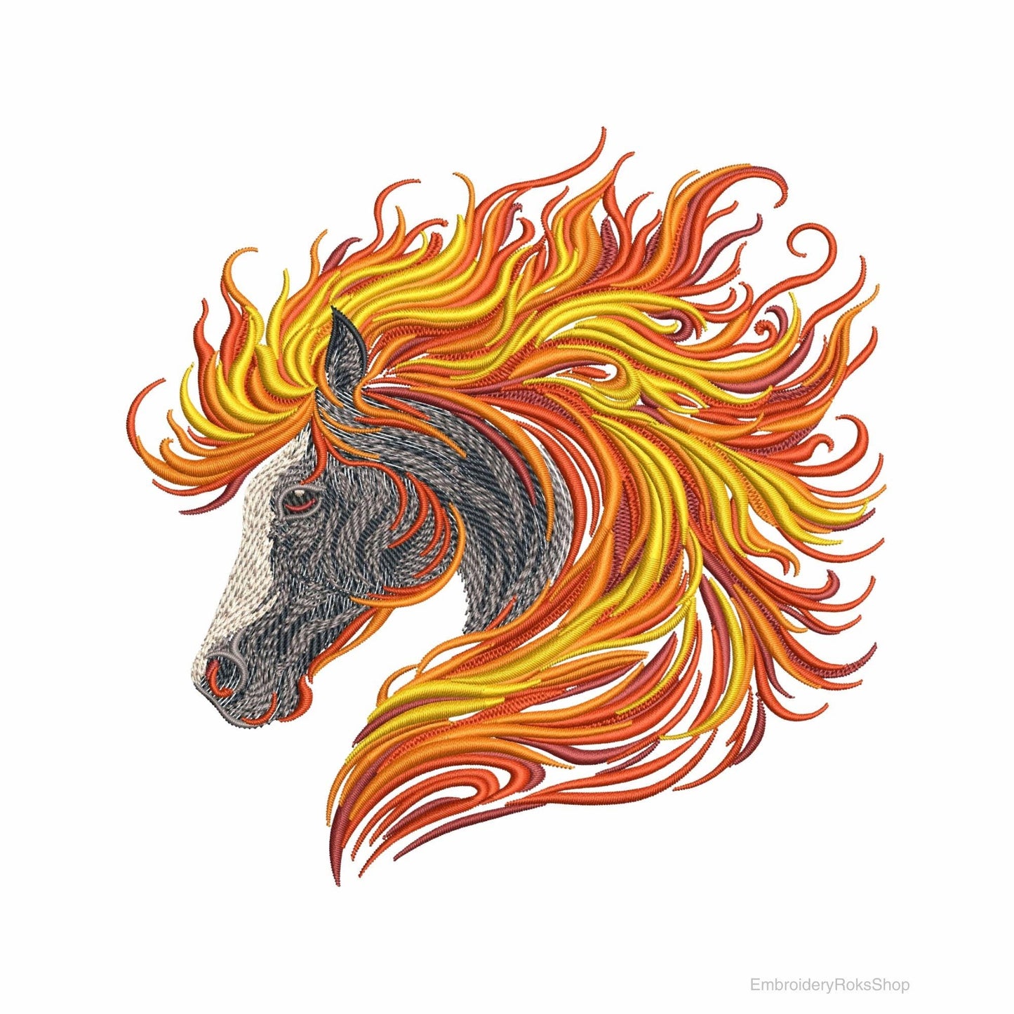 Horse Head Machine Embroidery Design – Flame Mane Stallion Embroidery Pattern, Fire Horse Embroidery PES, DST, JEF, Western Embroidery