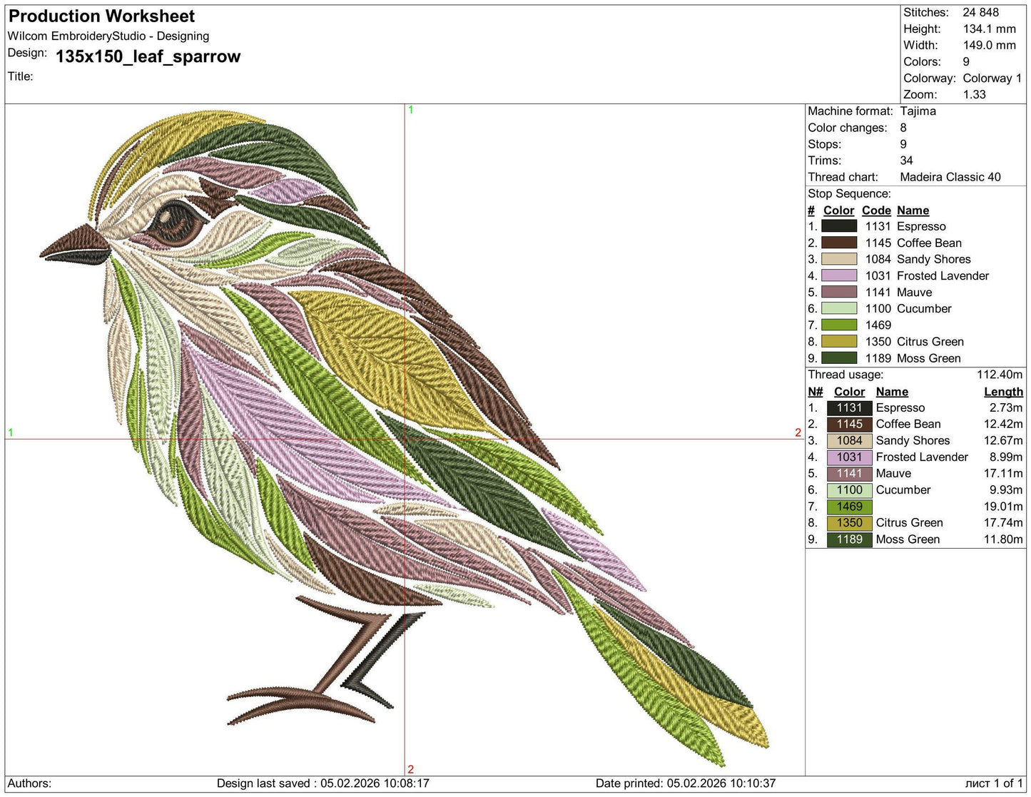 Floral Sparrow Machine Embroidery Design – Botanical Leaf Bird Pattern, Sparrow Machine Pattern PES, DST, VP3, Bird Embroidery PES Download