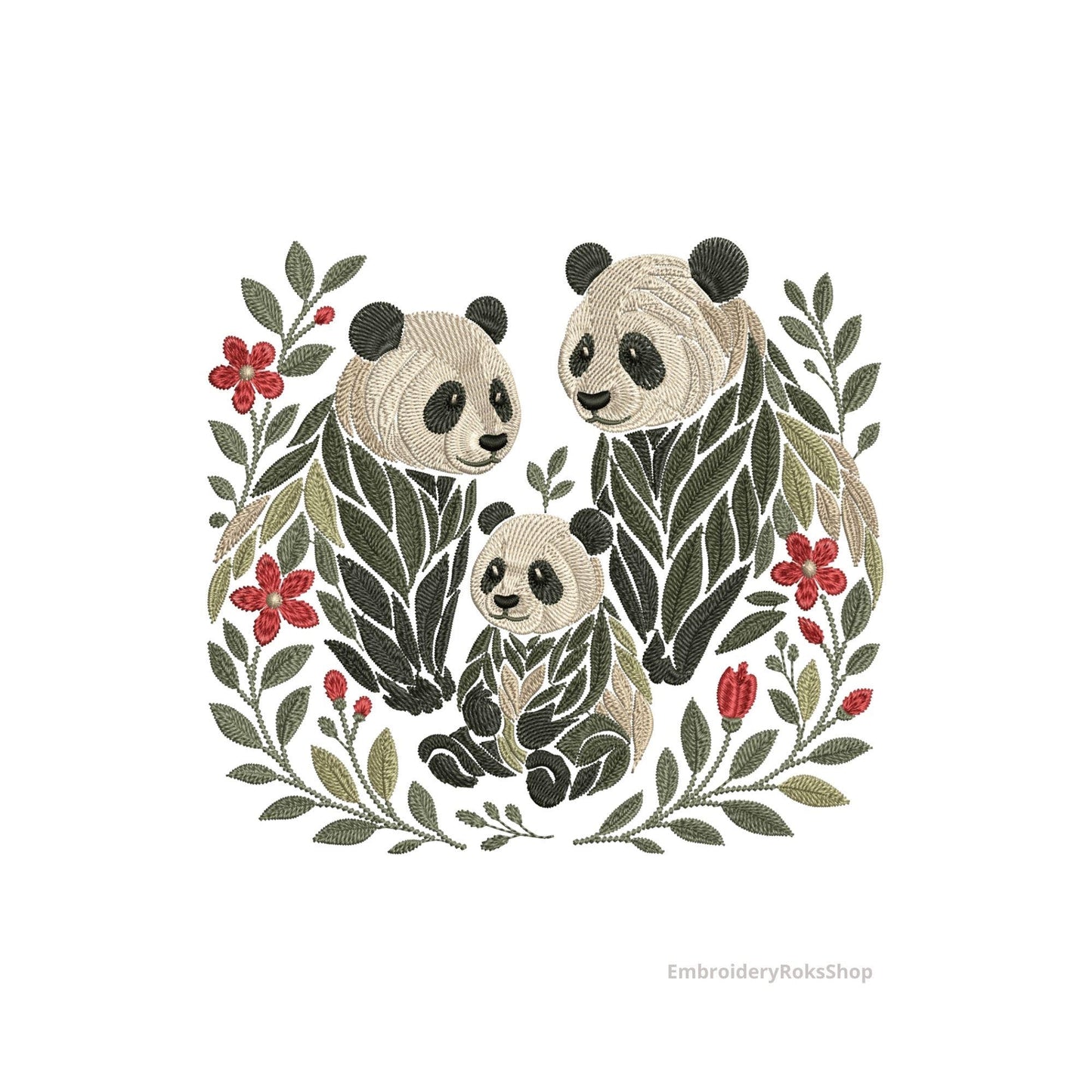 Panda Family Embroidery Design, Adorable Mother, Father & Baby Panda with Flowers, Perfect for T-Shirts and Personalized Gifts PES 4 x4 hoop