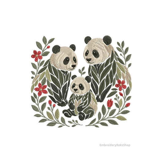 Panda Family Embroidery Design, Adorable Mother, Father & Baby Panda with Flowers, Perfect for T-Shirts and Personalized Gifts PES 4 x4 hoop
