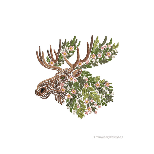 Floral Moose Head Machine Embroidery Design, Moose Flower Antlers Pattern DST, Wildlife Embroidery, Nature Embroidery, Woodland Wall Art PES