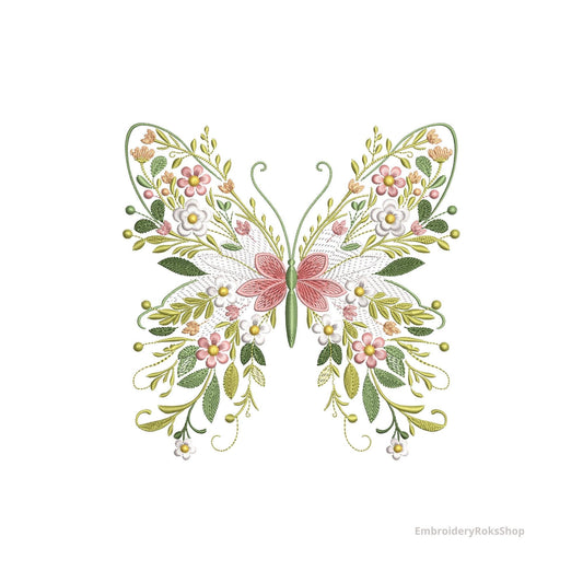 Floral Butterfly Machine Embroidery Design: Nature Garden Pattern, Butterfly Embroidery Pattern, Summer Embroidery, Instant Download PES DST