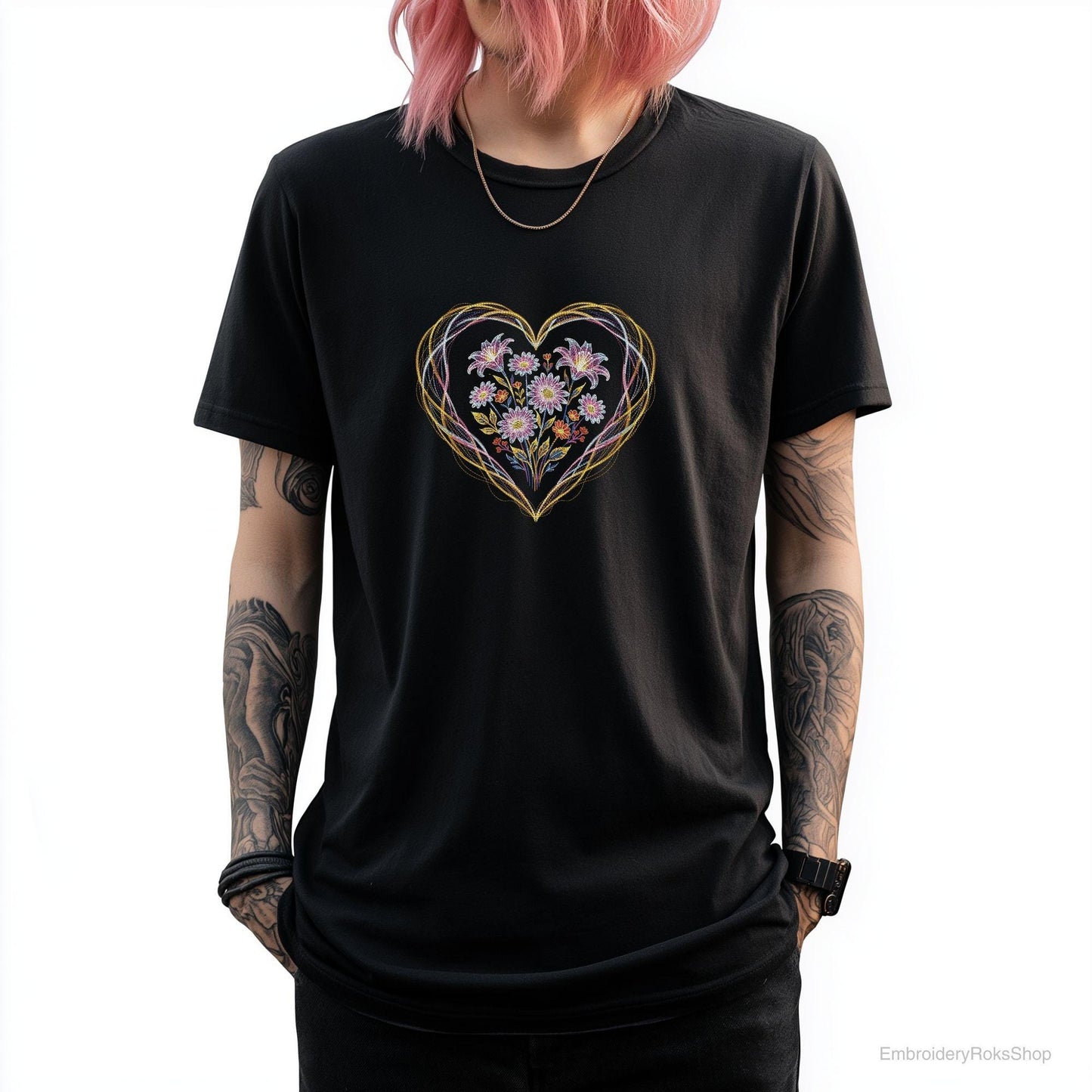 Valentine Neon Floral Heart Embroidery Design, Neon Floral Heart with Frame PES, Flower Heart with Frame Embroidery, Valentine's Embroidery