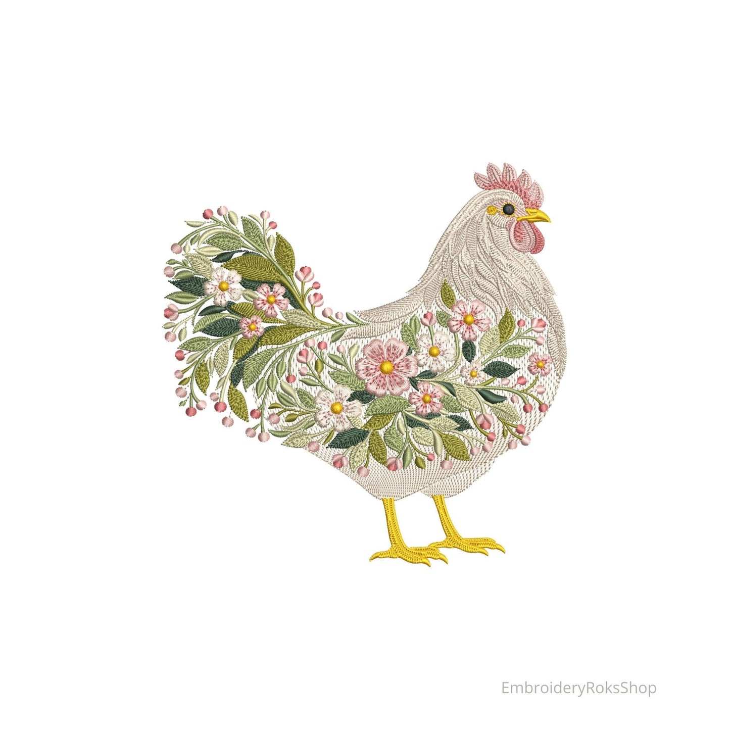 Spring Floral Chicken Machine Embroidery Design, Farmhouse Hen Embroidery File, Rustic Country Floral Chicken, Chicken PES, DST, JEF File
