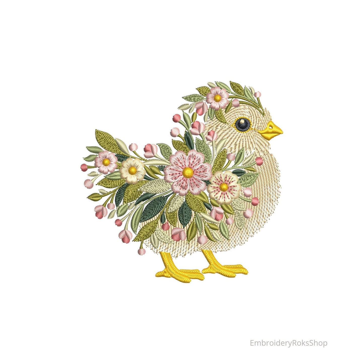 Spring Floral Chick Embroidery Design, Easter Chicken Machine Embroidery, Pattern Farm Bird Flowers Instant Download, Chick PES, DST, JEF