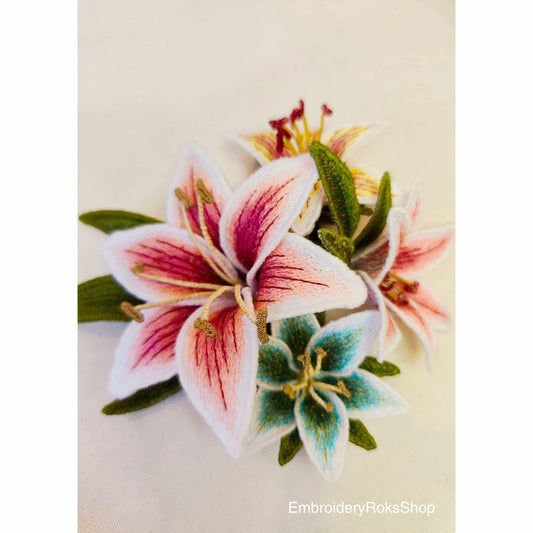 FSL Lily Flower Embroidery Design – Freestanding Lace 3D Floral Applique – Machine Embroidery Pattern Set, Floral Embroidery FSL PES, dst