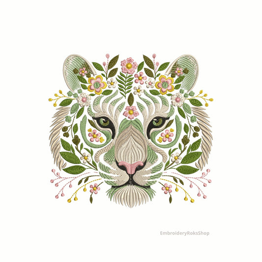 Floral Tiger Embroidery Design – Machine Embroidery, Jungle Tiger with Leaves Flowers, Instant Download for Apparel Decor, Tiger Pattern PES