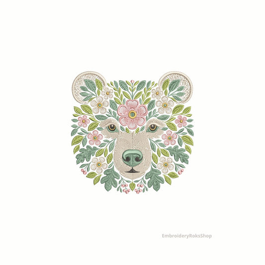 Flower Bear Embroidery Design, Intricate Animal Embroidery design - Unique Nature-Themed Machine Embroidery Pattern - Instant Download PES