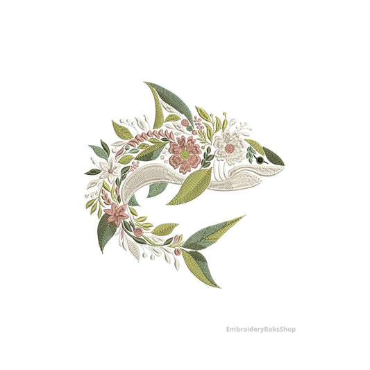 Floral Shark Embroidery Design – Elegant Fish Machine Embroidery Pattern, Embroidery For Fishermen, Ocean Embroidery, Summer Embroidery PES
