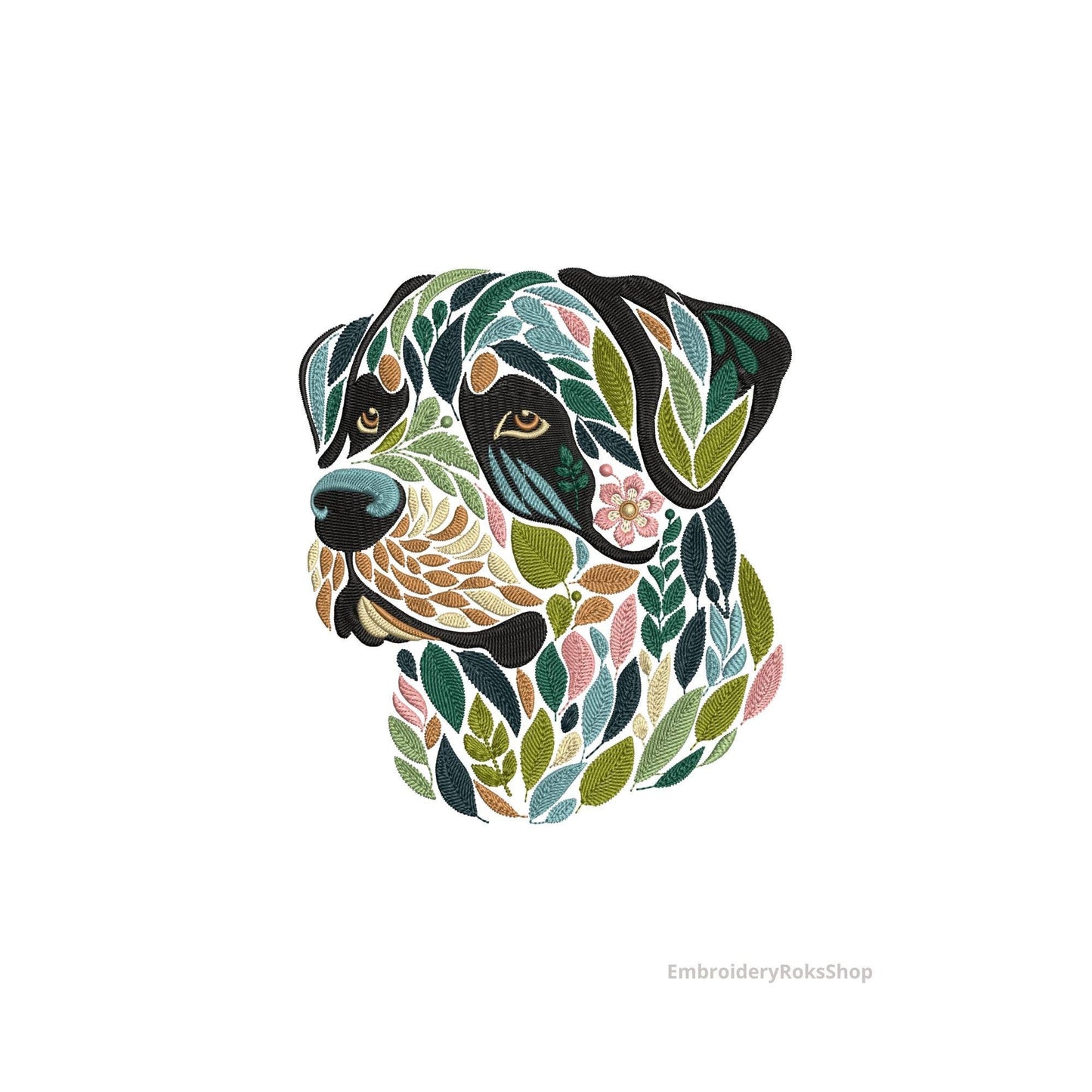 Floral Rottweiler Embroidery Design – Stunning Machine Embroidery Dog Design with Flowers, Pet Lover Gift, Colorful Dog, Download PES DST