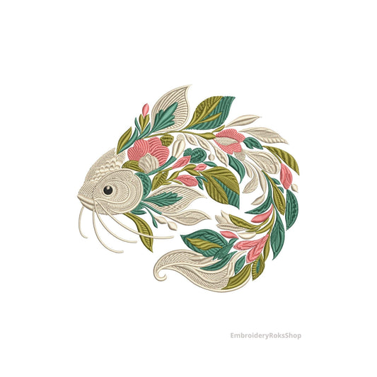 Floral Catfish Embroidery Design – Botanical Machine Embroidery File – Fish Embroidery, Embroidery Fisherman, Fish PES DST, Instant Download