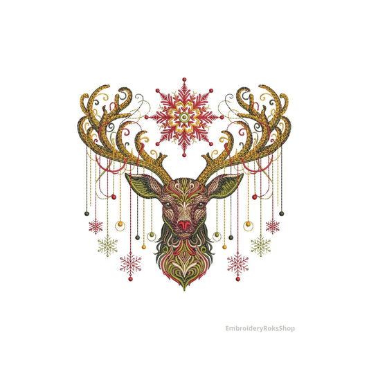 Christmas Deer Embroidery Design, Winter Reindeer Embroidery Pattern, Royal Stag Embroidery, Majestic Stag Antlers Ornamen, Deer Art Nouveau