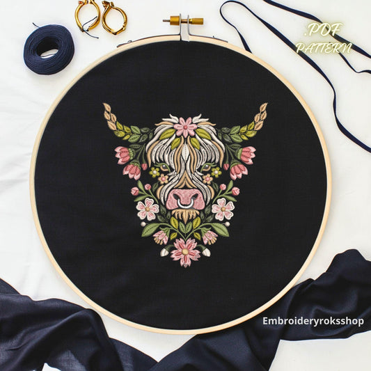 Highland Cow Hand Embroidery Pattern, Floral Botanical Cow Design, Folk Art Nature Embroidery, DIY Hoop Wall Art PDF Download