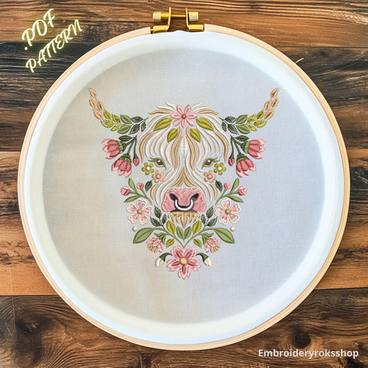 Highland Cow Hand Embroidery Pattern, Floral Botanical Cow Design, Folk Art Nature Embroidery, DIY Hoop Wall Art PDF Download