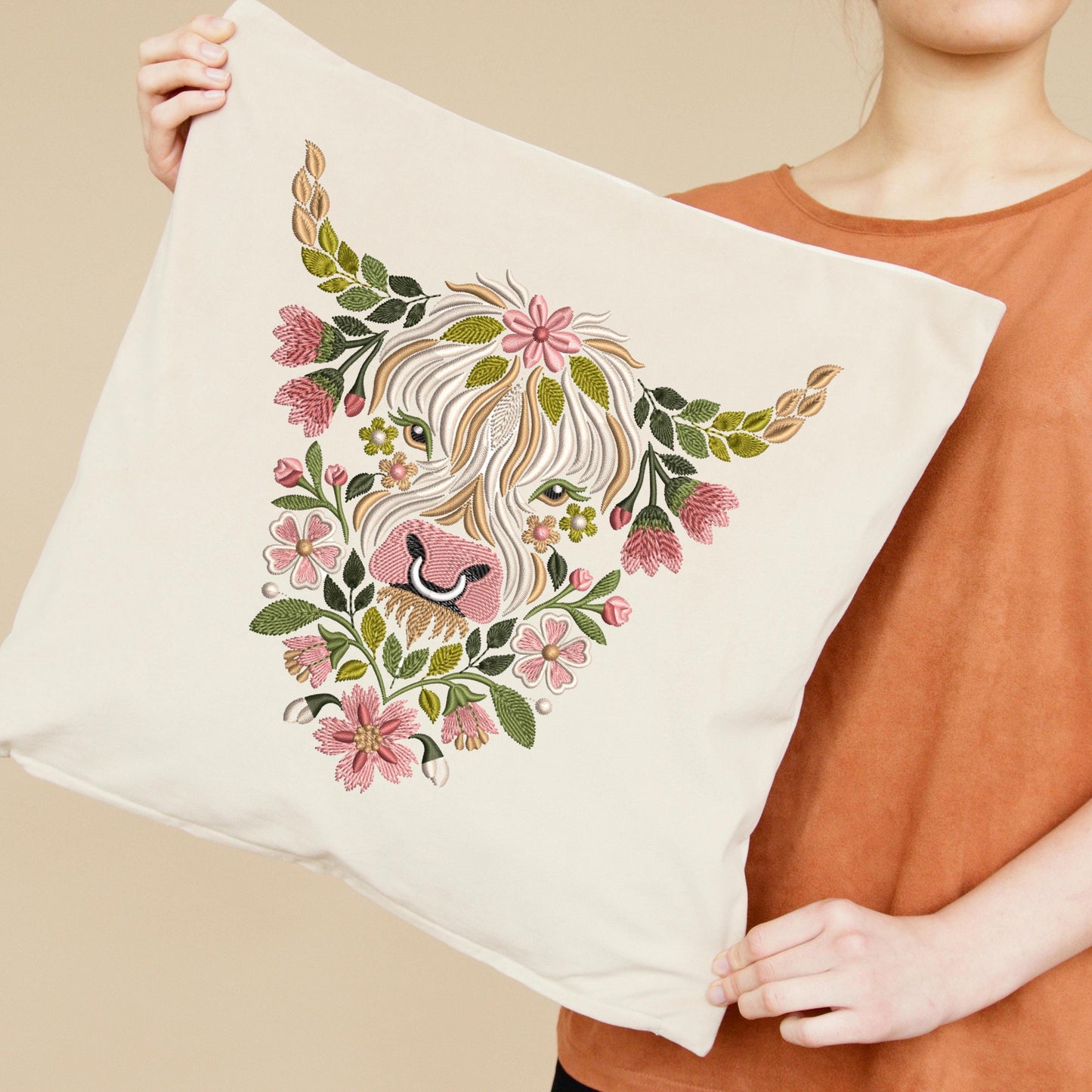 Floral Highland Cow Embroidery Pattern, Folk Art DIY Hoop (PDF Download)