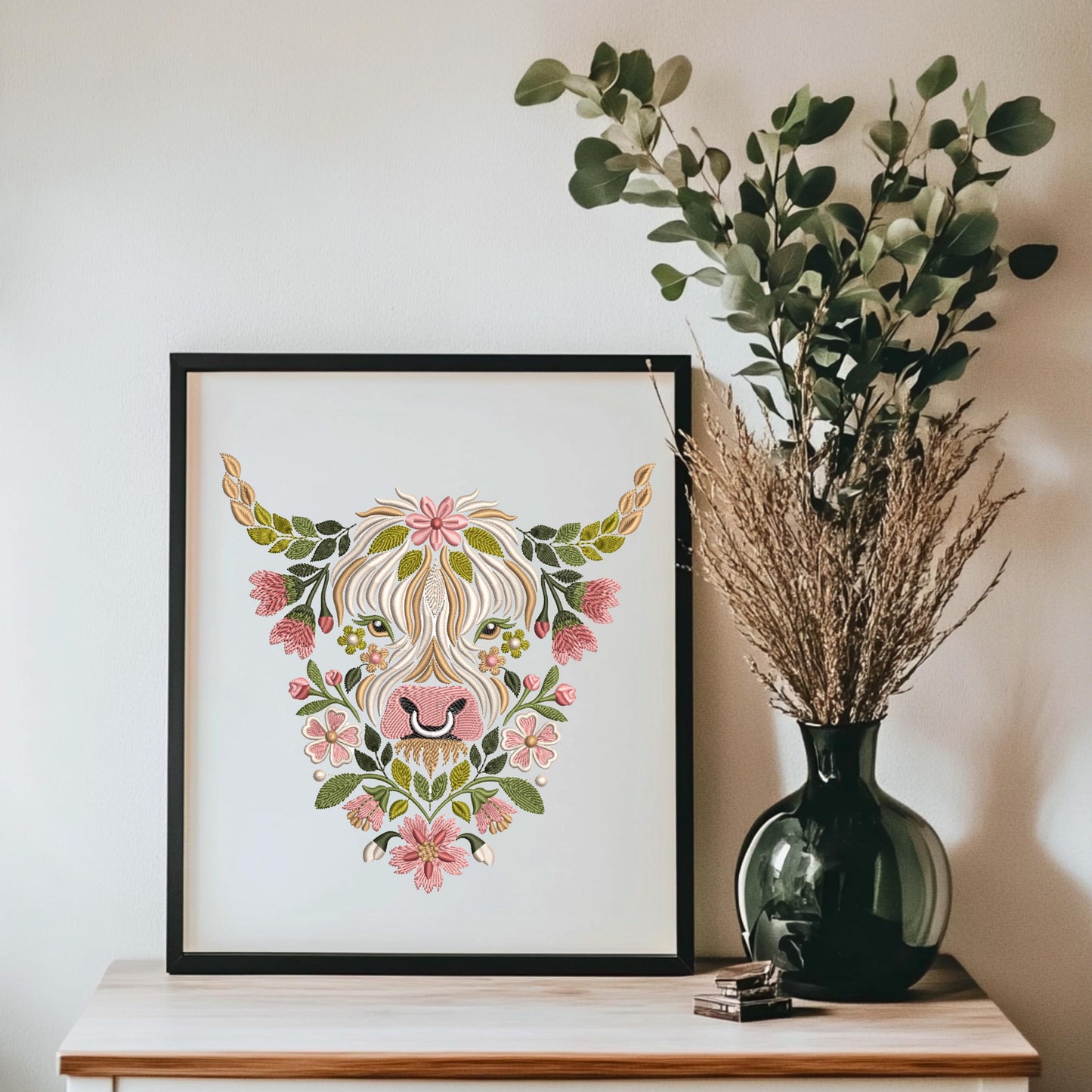 Floral Highland Cow Embroidery Pattern, Folk Art DIY Hoop (PDF Download)