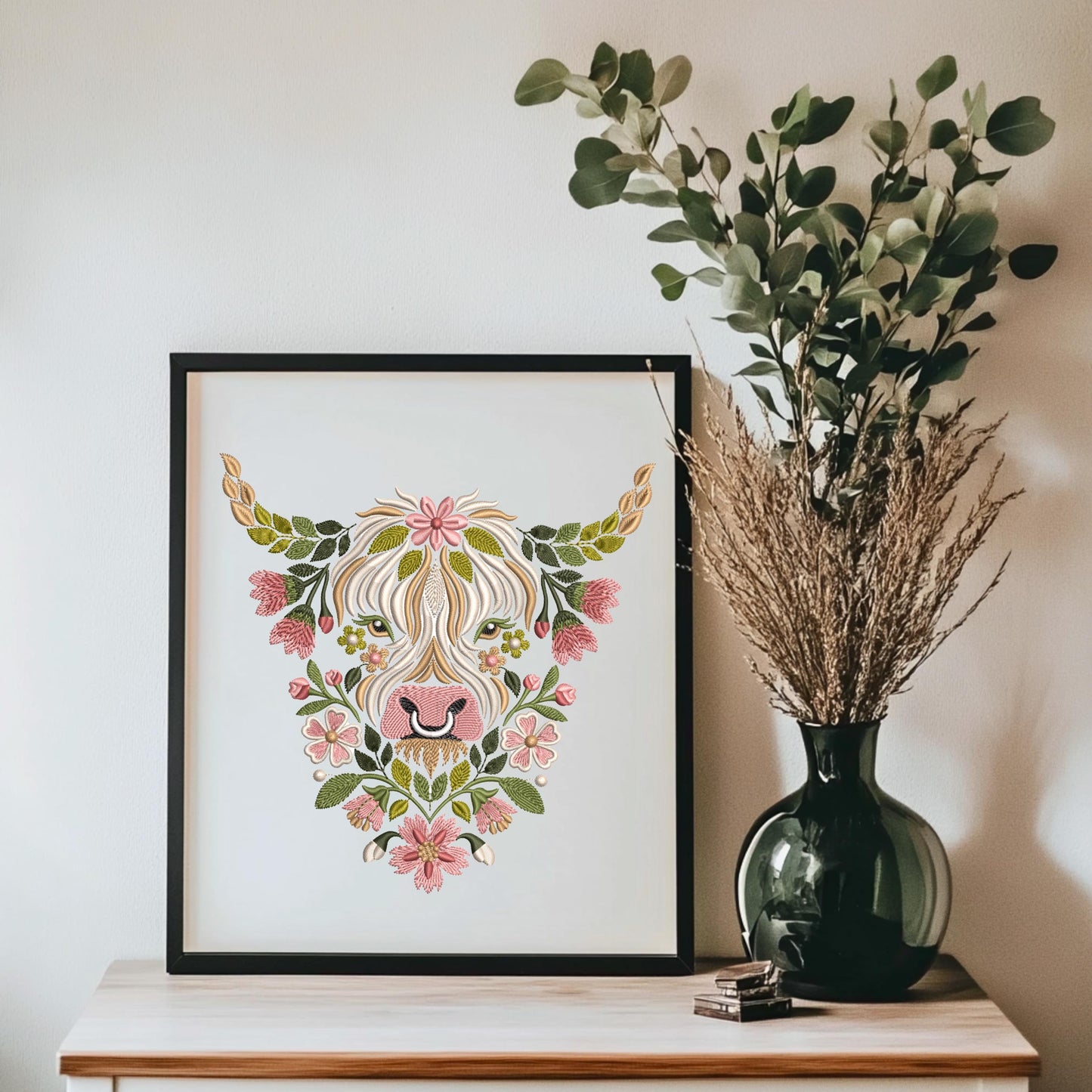 Highland Cow Hand Embroidery Pattern, Floral Botanical Cow Design, Folk Art Nature Embroidery, DIY Hoop Wall Art PDF Download