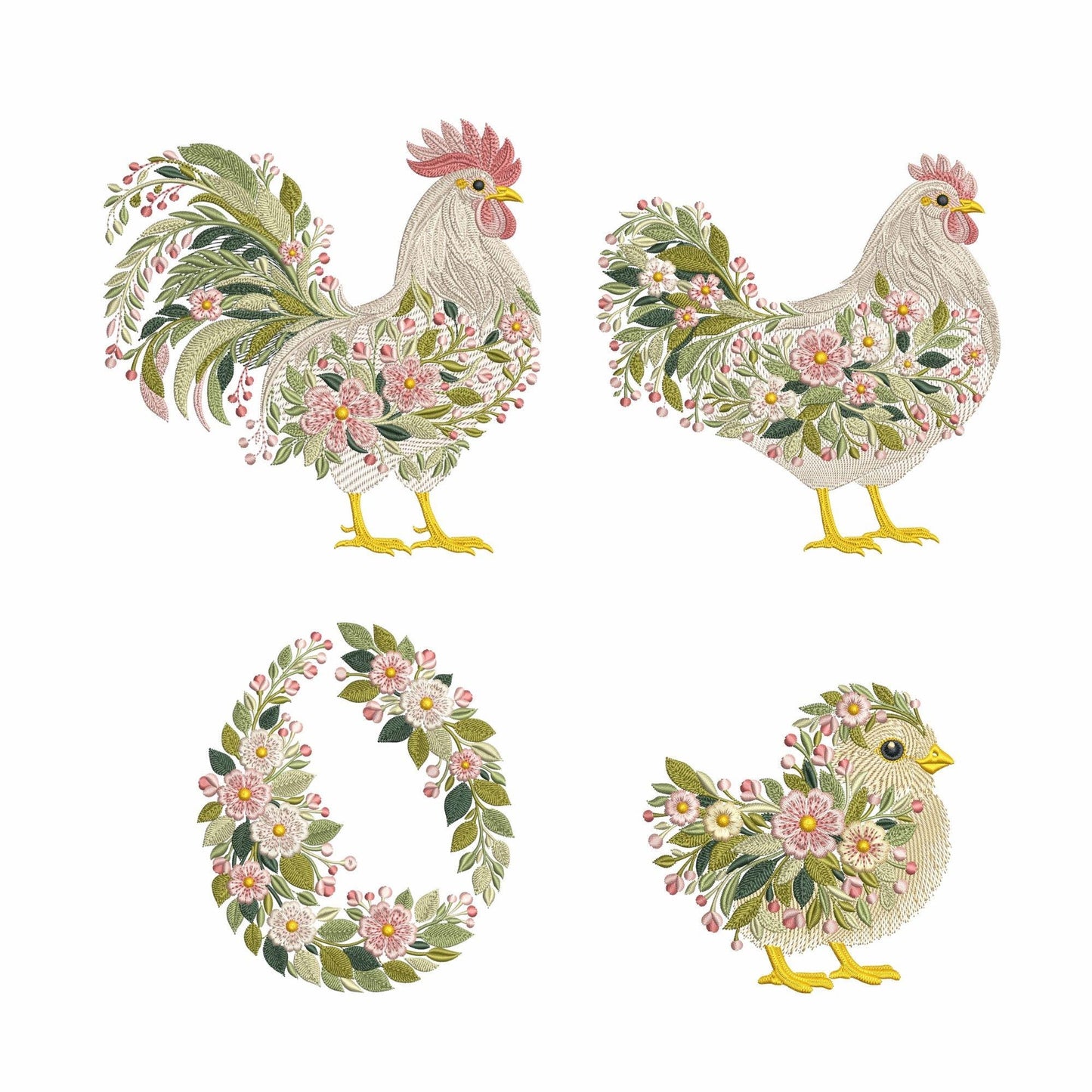 Floral Farm Embroidery Set – Rooster, Hen, Chick & Easter Egg – Machine Embroidery Design Bundle – Spring Chicken PES DST JEF VP3 4x4 Hoop
