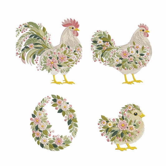 Floral Farm Embroidery Set – Rooster, Hen, Chick & Easter Egg – Machine Embroidery Design Bundle – Spring Chicken PES DST JEF VP3 4x4 Hoop