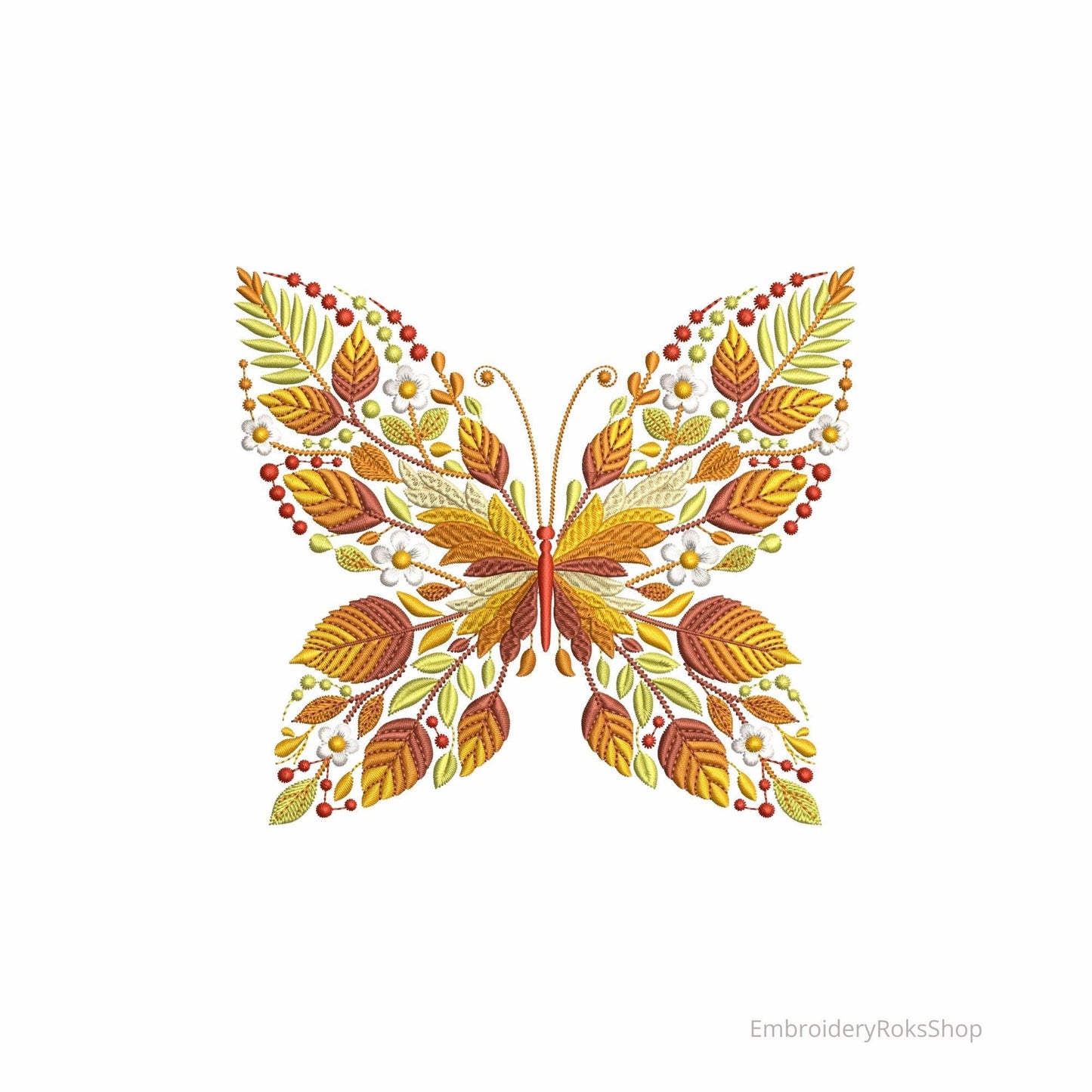 Autumn Butterfly Machine Embroidery Design PES, Floral Leaves Botanical Insect Pattern Fall Nature Decor Instant Download, Wings Embroidery
