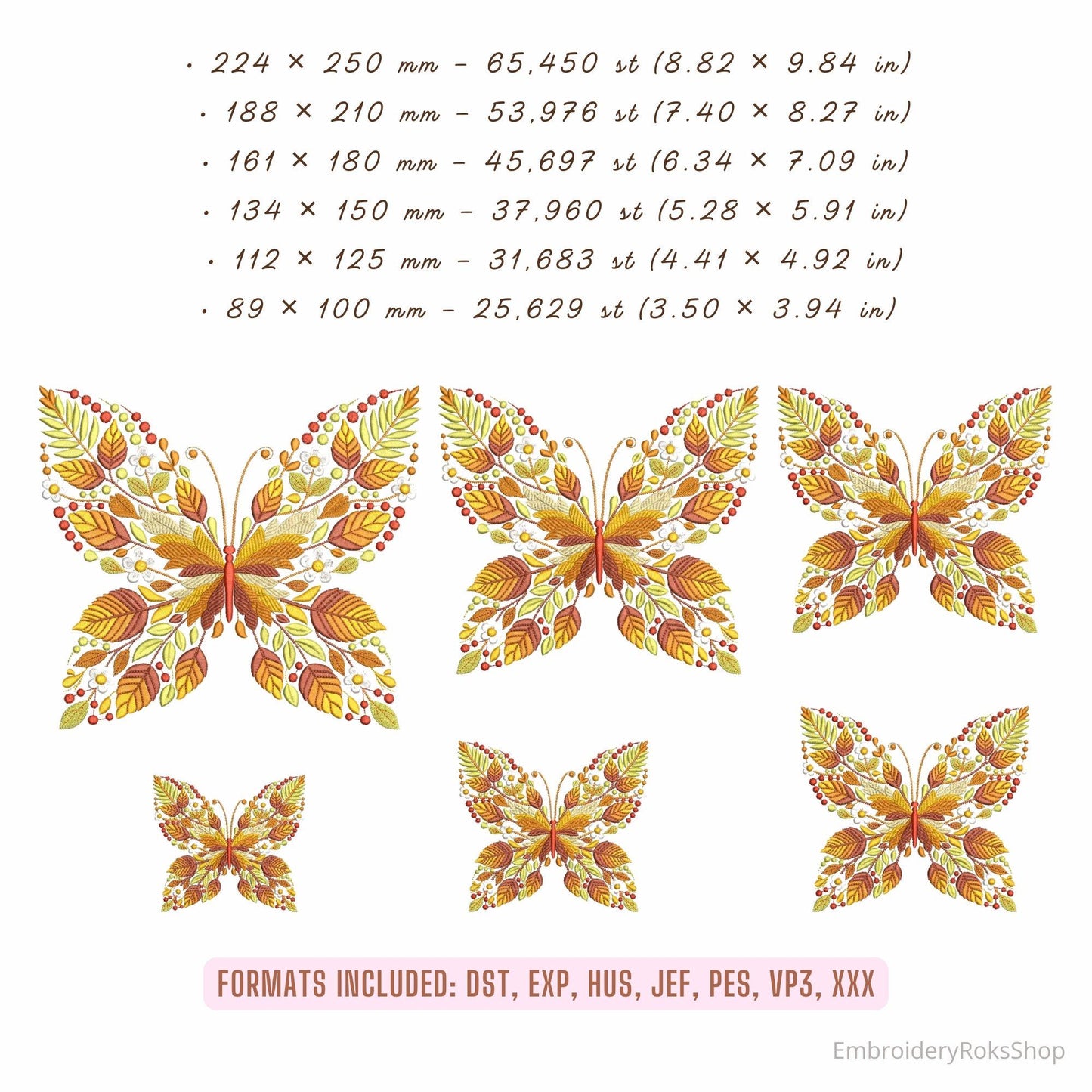 Autumn Butterfly Machine Embroidery Design PES, Floral Leaves Botanical Insect Pattern Fall Nature Decor Instant Download, Wings Embroidery