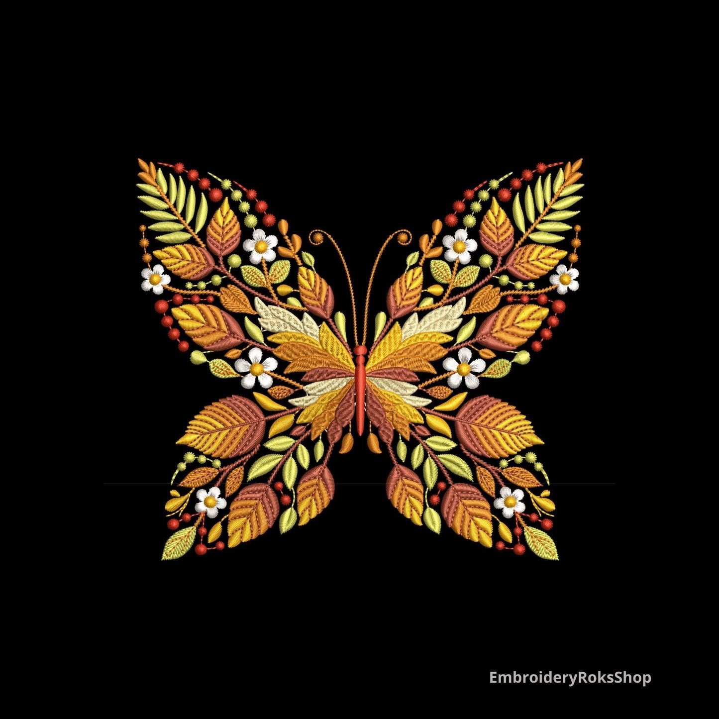 Autumn Butterfly Machine Embroidery Design PES, Floral Leaves Botanical Insect Pattern Fall Nature Decor Instant Download, Wings Embroidery