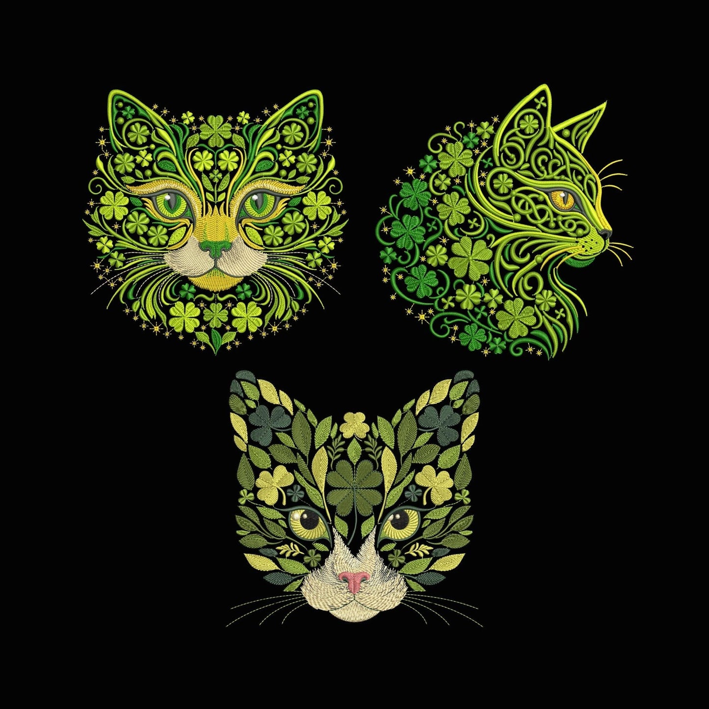 Cat Embroidery Design Set – 3 Floral Cat Faces Machine Embroidery Patterns – Green Ornament Cat Digital Files, Cats Pattern PES DST JEF VP3