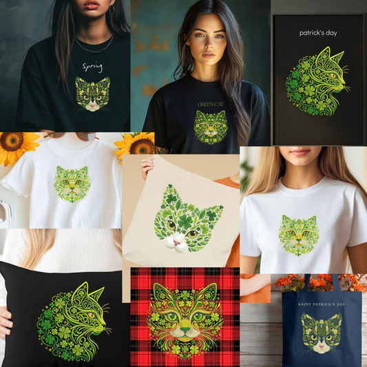Cat Embroidery Design Set – 3 Floral Cat Faces Machine Embroidery Patterns – Green Ornament Cat Digital Files, Cats Pattern PES DST JEF VP3